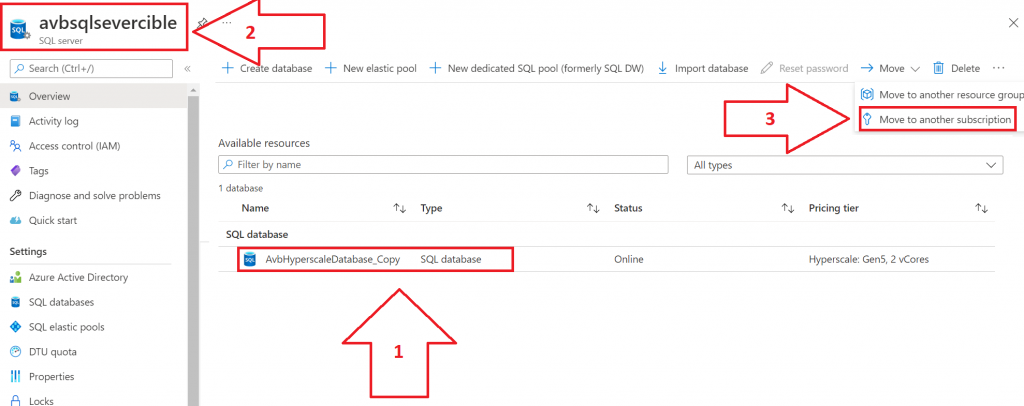 Utiliser la fonction COPY de Azure SQL Database pour créer une copie de la base de donnée source
Créer un nouveau SQL Serveur lors de la Copie de SQL Database ou avant dans la même souscription source et le choisir pour contenir la SQL Database copiée.
Utiliser la fonction MOVE depuis le nouveau SQL Serveur pour le déplacer vers la souscription cible.